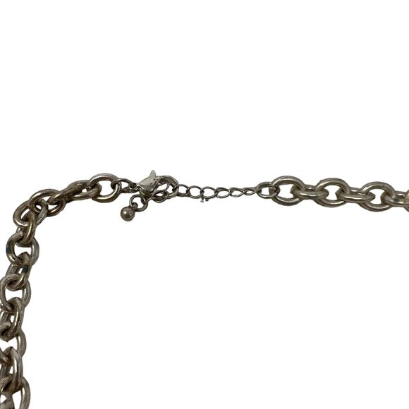 Faux Turquoise Necklace‎ Three Station Statement Hammered Silver Tone - Picture 6 of 7